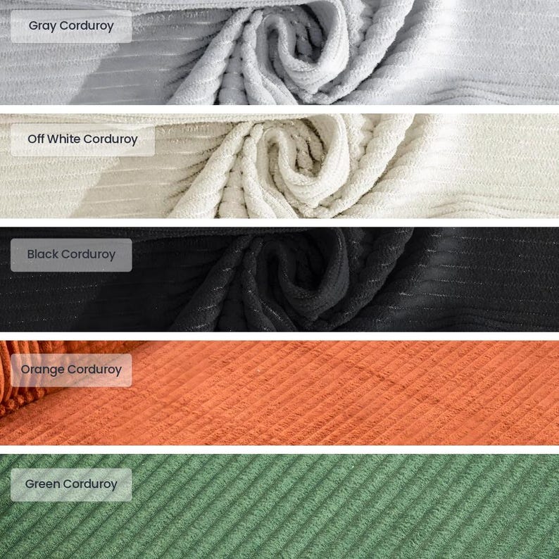 May include: A collection of corduroy fabric swatches in various colors. The swatches include gray, off-white, black, orange, and green. Each swatch has a label indicating its color. The corduroy has a ribbed texture.