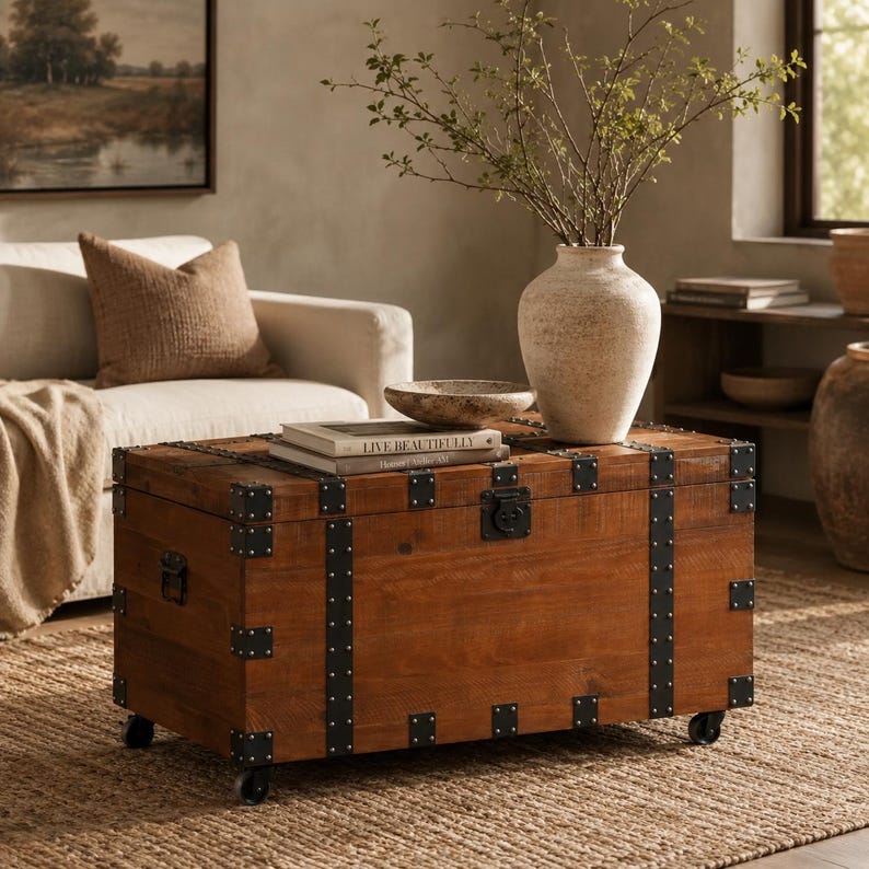 Op de afbeelding: Een bruine houten kist met zwarte metalen details, gebruikt als salontafel. De kist heeft wielen en is versierd met metalen banden en klinknagels. Een vaas met takken, boeken en een kom staan erop. De kamer heeft een neutraal kleurenpalet.
