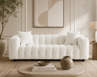 89.4" Boucle Tufted Sofa, Modern Channel Couch, 3 Seat Chesterfield Style Sofa, Living Room Couch With Pillows