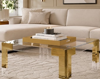 Glass Coffee Table, Square Acrylic Coffee Table, Modern Luxury Living Room Table, Tempered Glass Center Table, Accent Table; Gold or Chrome