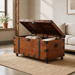 Op de afbeelding: Een grote, open houten opbergkist met een scharnierend deksel. De kist is bruin met zwarte metalen accenten en staat op kleine wielen. Binnenin de kist liggen opgevouwen dekens en kussens. De kist staat op een geweven vloerkleed.