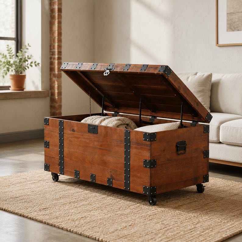 Op de afbeelding: Een grote, open houten opbergkist met een scharnierend deksel. De kist is bruin met zwarte metalen accenten en staat op kleine wielen. Binnenin de kist liggen opgevouwen dekens en kussens. De kist staat op een geweven vloerkleed.