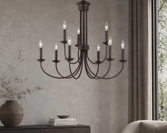9 Light Candle Chandelier, Classic Dining Room Light Fixture, Bronze or Brushed Nickel Chandelier, Traditional Foyer Lighting Ceiling Light
