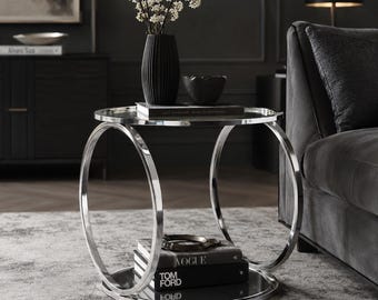 Chrome Glass Side Table, Round 2 Tier End Table, Silver Accent Table, Modern Sofa Table, Glam Nightstand, Magazine Storage