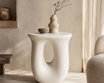 White U Shaped Concrete Side Table, Sculptural Accent Table, Modern Organic End Table, Indoor Outdoor Garden Stool, Minimalist Nightstand