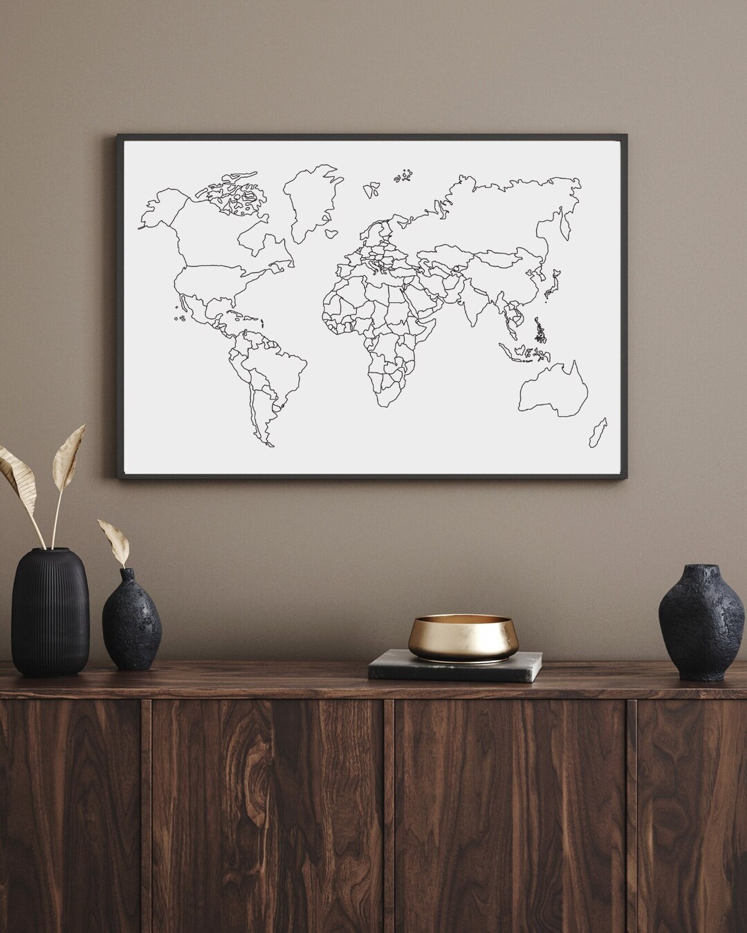 Minimalist World Map Printable White With Black Outlines XL Map World ...