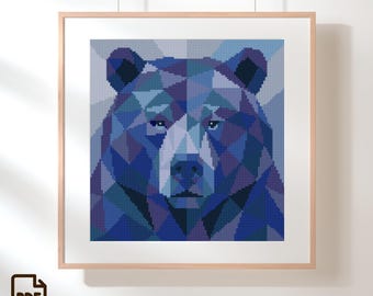 Grizzly Bear Modern Cross Stitch Pattern – Geometric Animal Design (PDF Pattern)