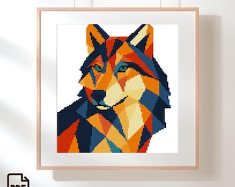 Modern Wolf Cross Stitch Pattern - Geometric Animal Design (PDF Pattern)