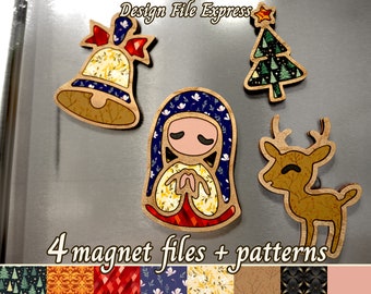 Christmas Magnets SVG: Laser Cut Tree, Bell, Reindeer (Digital Download)