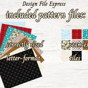 May include: A collection of digital paper patterns in various colours and designs, including red, blue, brown, white, and black. The patterns are labelled "correctly sized letter-format" and "seamless tiles".