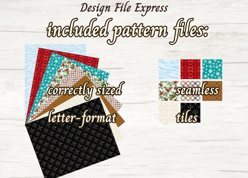 May include: A collection of digital paper patterns in various colours and designs, including red, blue, brown, white, and black. The patterns are labelled "correctly sized letter-format" and "seamless tiles".