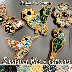 Tropical Magnets SVG Files, Tropical Magnet Collection SVG, Parrot Butterfly Hummingbird Flower Magnet Files, Fridge Magnet SVG, Glowforge