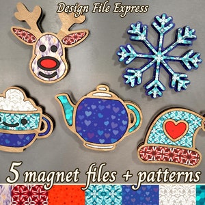 Winter II Magnets Collection SVG File,  Reindeer Cup Snowflake Teakettle Cap Magnet Files, Fridge Magnet SVG, Laser Cut Magnets, Glowforge
