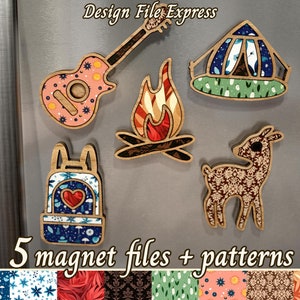 Camping Magnets Collection SVG File, Backpack Tent Guitarre Fire Bambi Magnet Files, Fridge Magnet SVG, Laser Ready File, Laser Cut Magnets