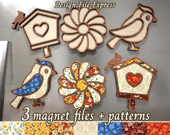 Bird Magnets SVG Files: Spring Flower, Birdhouse, Laser Cut (Digital Download)
