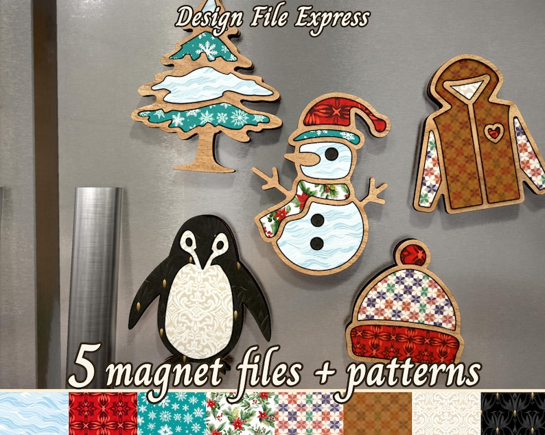 May include: Five wooden Christmas magnet files with patterns. The magnets include a snowman, a penguin, a Christmas tree, a winter coat, and a hat. The patterns are a blue and white wave pattern, a red and white snowflake pattern, a blue and white snowflake pattern, a red and white floral pattern, a brown and white geometric pattern, a white and black floral pattern, and a black and gold floral pattern.