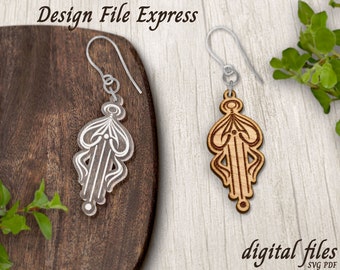 May include: A pair of earrings with a unique, intricate design. The earrings are made of wood and have a natural wood finish. The design features a series of curved lines and shapes that create a flowing, organic look. The earrings are a great way to add a touch of style and personality to any outfit.