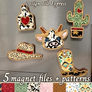 Western Magnets Collection SVG Files, Southwest Magnet Files, Texas Fridge Magnet SVG, Cowboy Boots Hat Cowtag Cactus Laser Cut Magnets