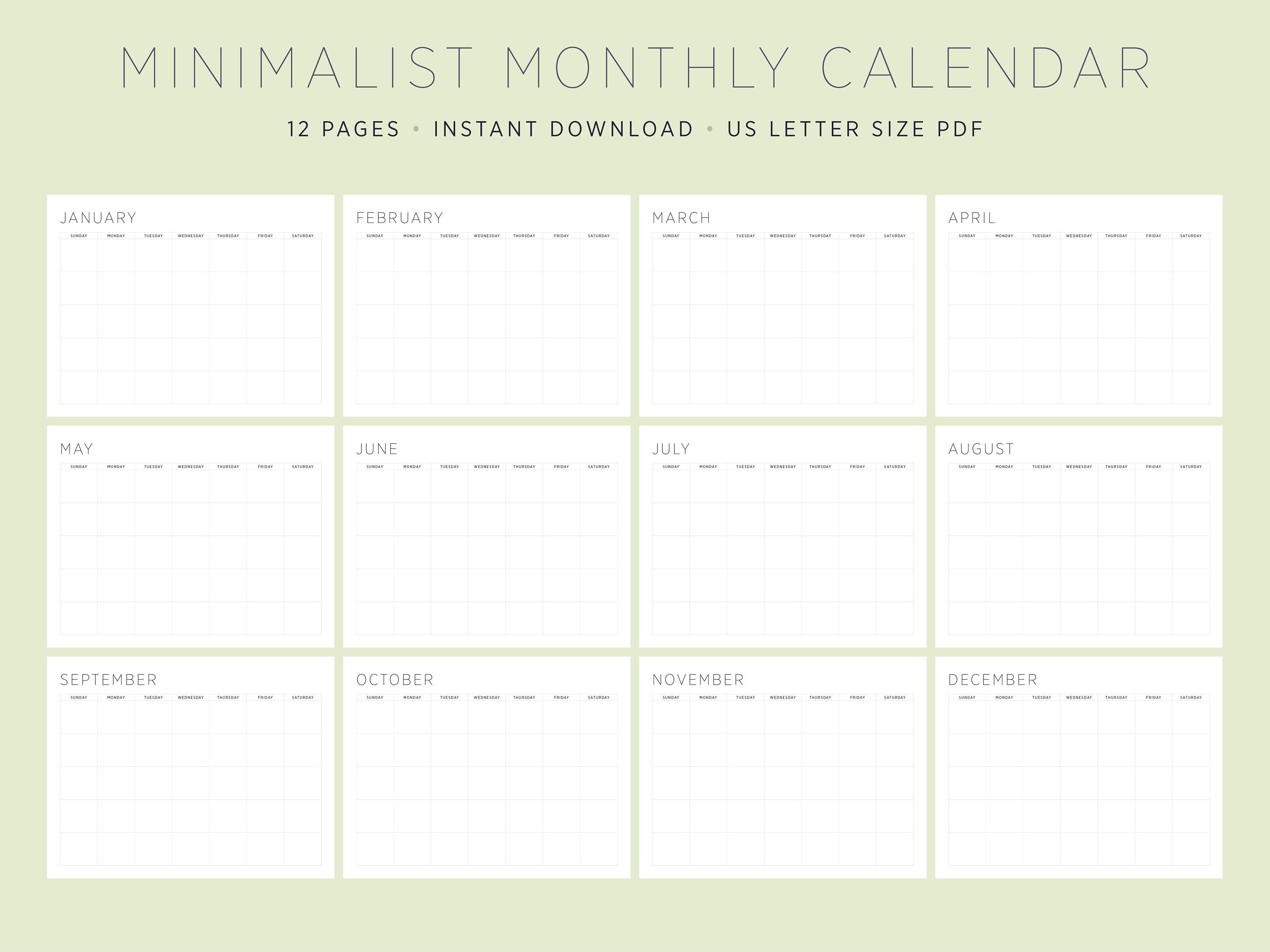 Monthly Calendar, Letter Size Printable Calendar, Evergreen Calendar - Etsy