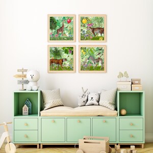 May include: Four framed prints of jungle animals, including a giraffe, a tiger, a zebra, and a leopard. The prints are arranged in a grid pattern on a white wall above a light green bench with storage compartments.