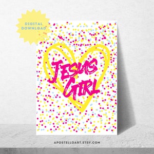 Jesus Girl Wall Art on Bold Pink, light blue, and yellow confetti background, Preppy Wall Art, Pre-teen, Teen, Bedroom Art, College Dorm Art