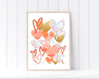 Colorful Hearts Wall Hanging, "Summer Love," Peachy-pinks, coral, light-blue, and Gold painted hearts, College Dorm Room Art, Teen Girl Room