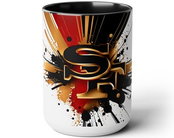 15oz San Francisco Football Team Two-Tone Coffee Mug, Glossy Finish, Coffee Lovers Gift, 9ers Football Fan Mug, Gift for Dad, Gift for Mom