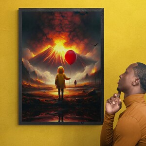 May include: A framed painting of a child in a yellow raincoat holding a red balloon, standing in front of a fiery volcano erupting in the background.