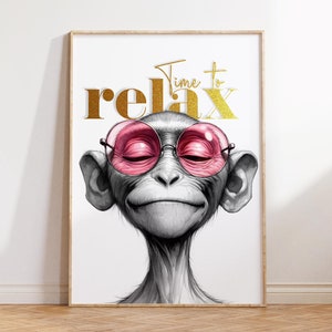 Könnte beinhalten: Eine Schwarzweißillustration eines Affen mit rosa Sonnenbrille und dem Text "Time to relax" in goldenen Buchstaben.