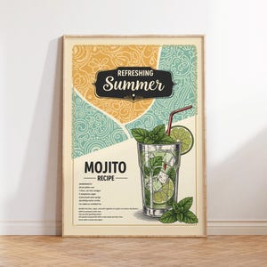 Póster de cóctel mojito: receta retro de verano para pared. Arte para cocina y bar. Descarga digital.
