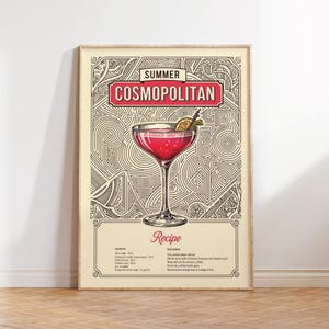 Póster de cóctel Cosmopolitan de verano: receta retro para decorar la pared de la cocina, menú de bar vintage, receta de cóctel de bar, descarga digital