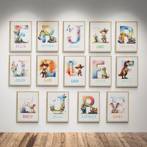 Póster 3 letras personalizado, cartel nombre letras iniciales, estampado habitación infantil, regalo con letras, cartel acuarela