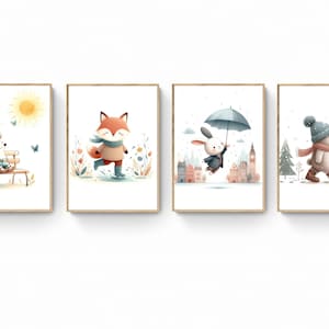 Set de 4 animales de descarga digital en diferentes estaciones, carteles infantiles, carteles de animales para habitación infantil, decoración habitación infantil