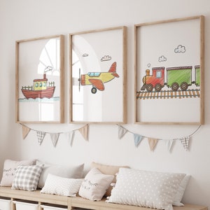 Juego de 3 carteles para habitación infantil, carteles para habitación infantil, decoración de pared para aviones, barcos, trenes, cuadros para pared, habitación de bebé, sala de juegos, carteles infantiles
