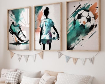 Set of 3 Personalized Football Posters for Girls, Football Art & Print, Gift for Football Player, Children's Room Wall Decoration, Sports Motif