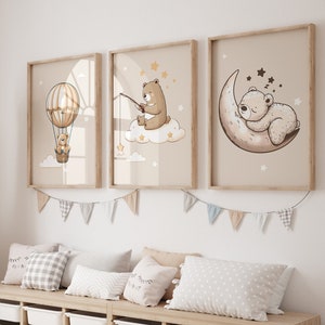 Set of 3 &quot;Bear Dream&quot; prints, bear nursery decor, nursery wall decor, pastel colors nursery poster, posters, wall pictures