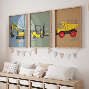 Póster de vehículos de construcción para habitación infantil: excavadora, carretilla elevadora, camión volquete. Póster educativo en alemán. Decoración de pared para niños. Decoración Montessori para obras de construcción.
