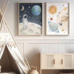 Space Poster Set for Kids Room – Astronaut and Planets Wall Art, Cute Space Decoration for Boys & Girls