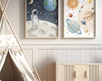 子供部屋用宇宙ポスターセット - 宇宙飛行士と惑星のウォールアート、男の子と女の子向けのかわいいスペースデコレーション