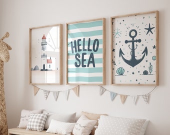 Set of 3 sea print, Hello Sea poster, anchor picture, maritime print, lighthouse, stripes and anchor print