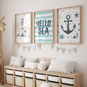 3er Set Meer Druck, Hello Sea Poster, Anchor Bild, Maritime Druck, Leuchtturm, Streifen und Anker Druck