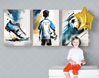 Set di 3 poster di calcio personalizzati, arte calcistica, stampa di calcio, regali per giovani giocatori di calcio, arredamento per la stanza da calcio, stampa di calcio
