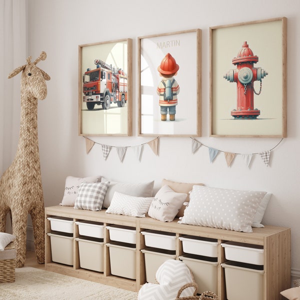 Set of 3 Personalized Firefighter Posters, Little Heroes, Firefighters in Watercolor, Gifts for Young Rescuers, Fire Station Room Decor