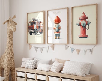 Set van 3 gepersonaliseerde brandweerposters, Kleine Helden, Brandweerlieden in aquarel, Cadeaus voor jonge redders, Decoratie voor de brandweerkamer