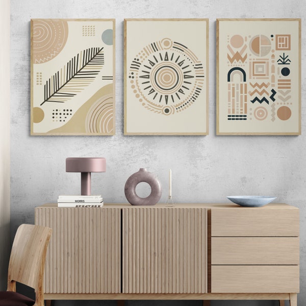 Boho Abstrakt Set 3 Druck, Aztec Ornament Modern Home Decor, Botanische Linie Kunst, Geometrisches Wand-Kunst-Design, digitale Wandkunst