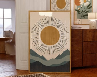 Minimalist Set of 2 Posters - Sun and Daisy, Boho Wall Art, Scandinavian Decor, Nature Prints, Living Room or Bedroom