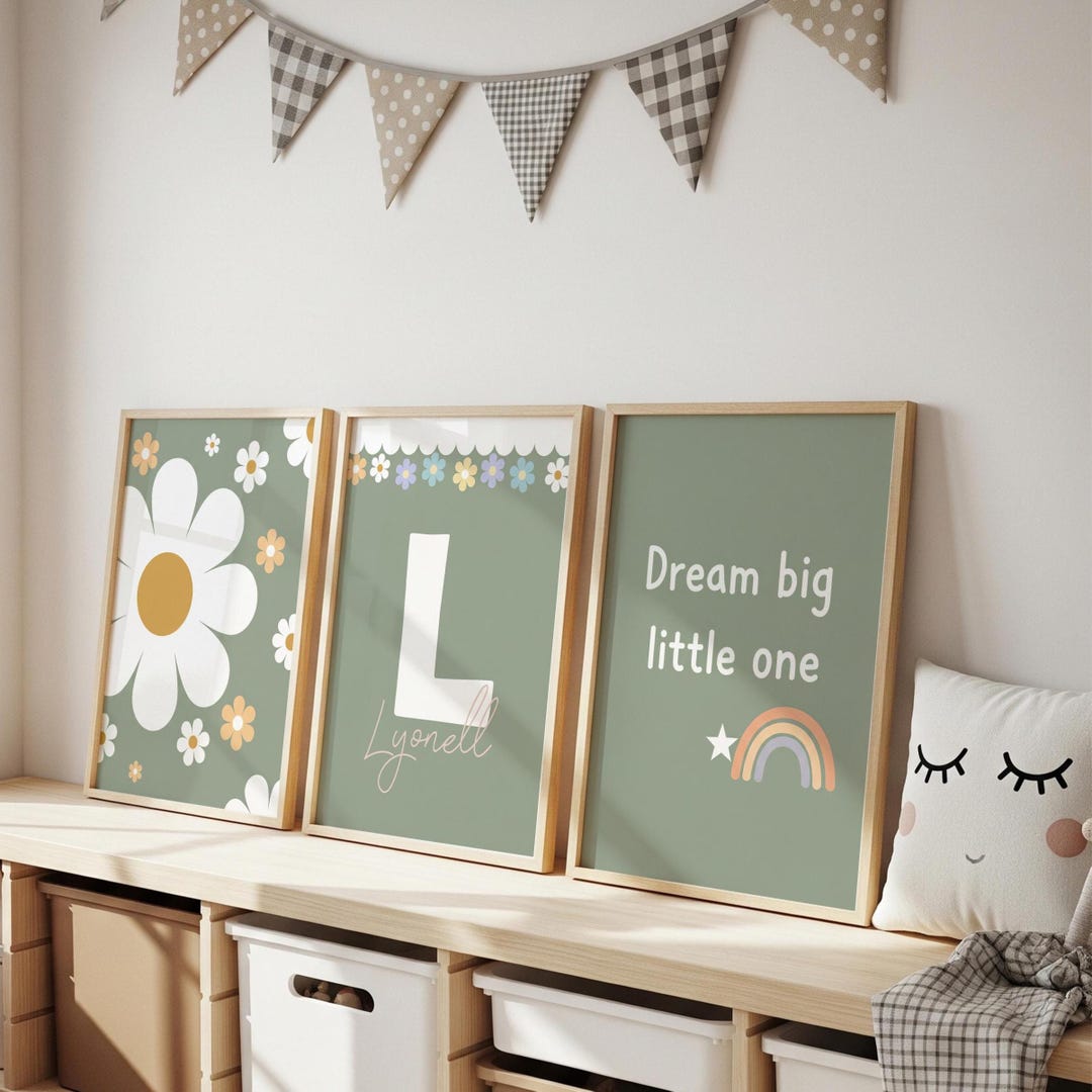 Personalized Girl's Nursery Poster Set – Name & Initial, Flowers ...