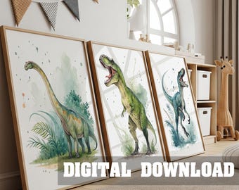 Dinosaur Posters for Children's Rooms – Set of 3 Watercolor Dinosaur Pictures for Boys and Girls, Nature Illustration in Scandinavian Style