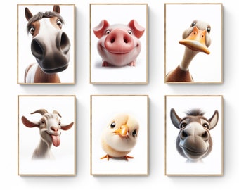 Farm Animals Print - Set of 6 - Farm Animals - Farm Nursery Print - Donkey Rooster Cow Goat Dog Sheep