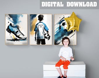 Set di 3 poster di calcio personalizzati, arte calcistica, stampe calcistiche, regali per giovani calciatori, decorazioni per la stanza a tema calcio, stampe calcistiche